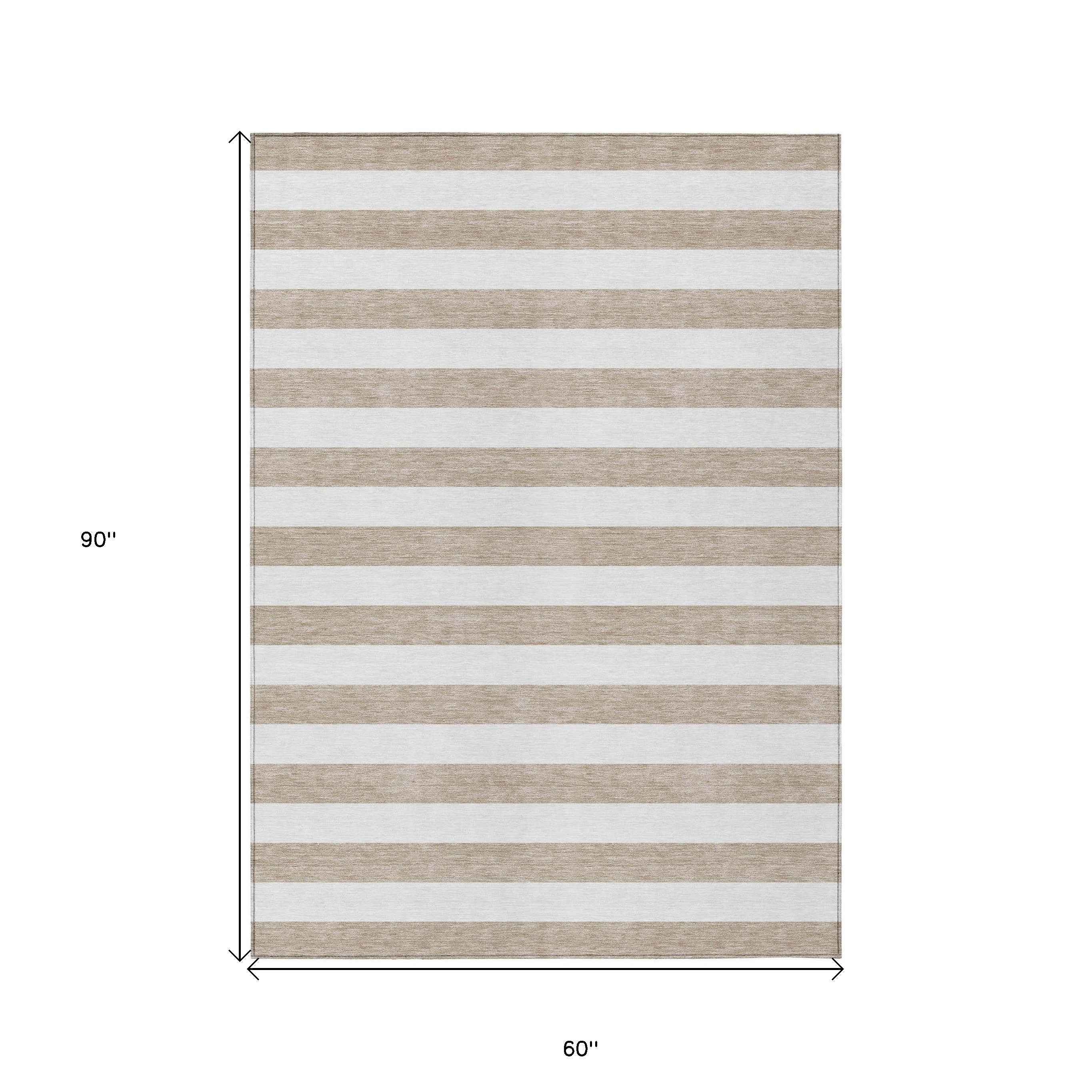 5' X 8' Taupe and White Striped Washable Indoor Outdoor Area Rug
