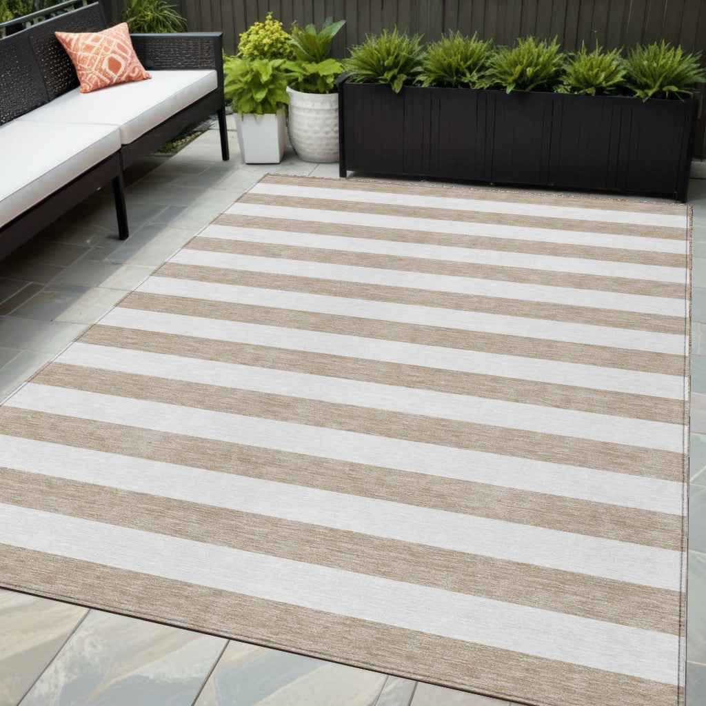 5' X 8' Taupe and White Striped Washable Indoor Outdoor Area Rug
