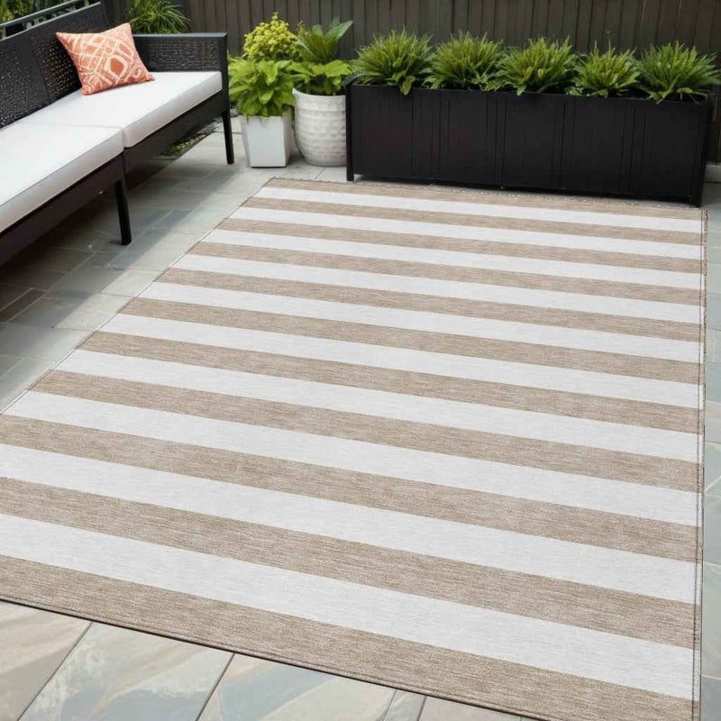 5' X 8' Taupe and White Striped Washable Indoor Outdoor Area Rug