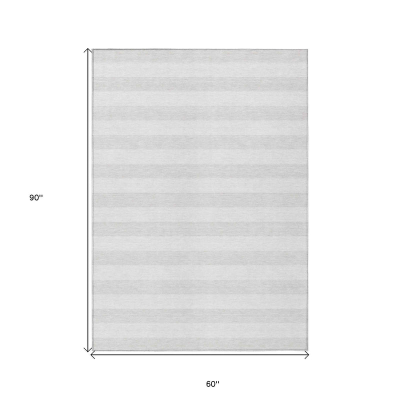 5' X 8' Ivory Striped Washable Indoor Outdoor Area Rug
