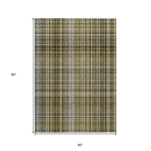 5' X 8' Green Beige and Gray Plaid Washable Non Skid Indoor Outdoor Area Rug