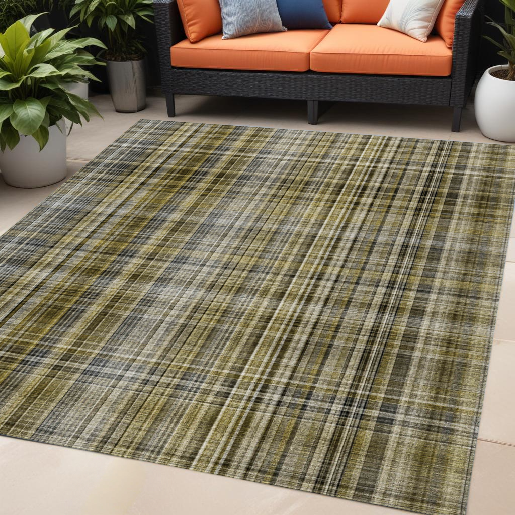 5' X 8' Green Beige and Gray Plaid Washable Non Skid Indoor Outdoor Area Rug