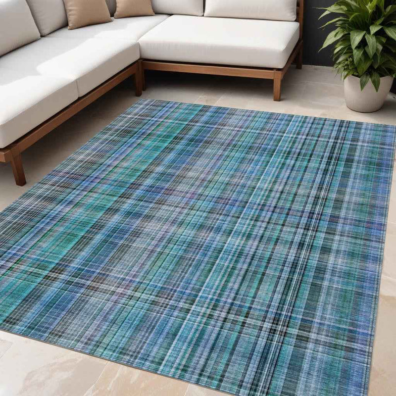 5' X 8' Blue Teal and Gray Plaid Washable Non Skid Indoor Outdoor Area Rug