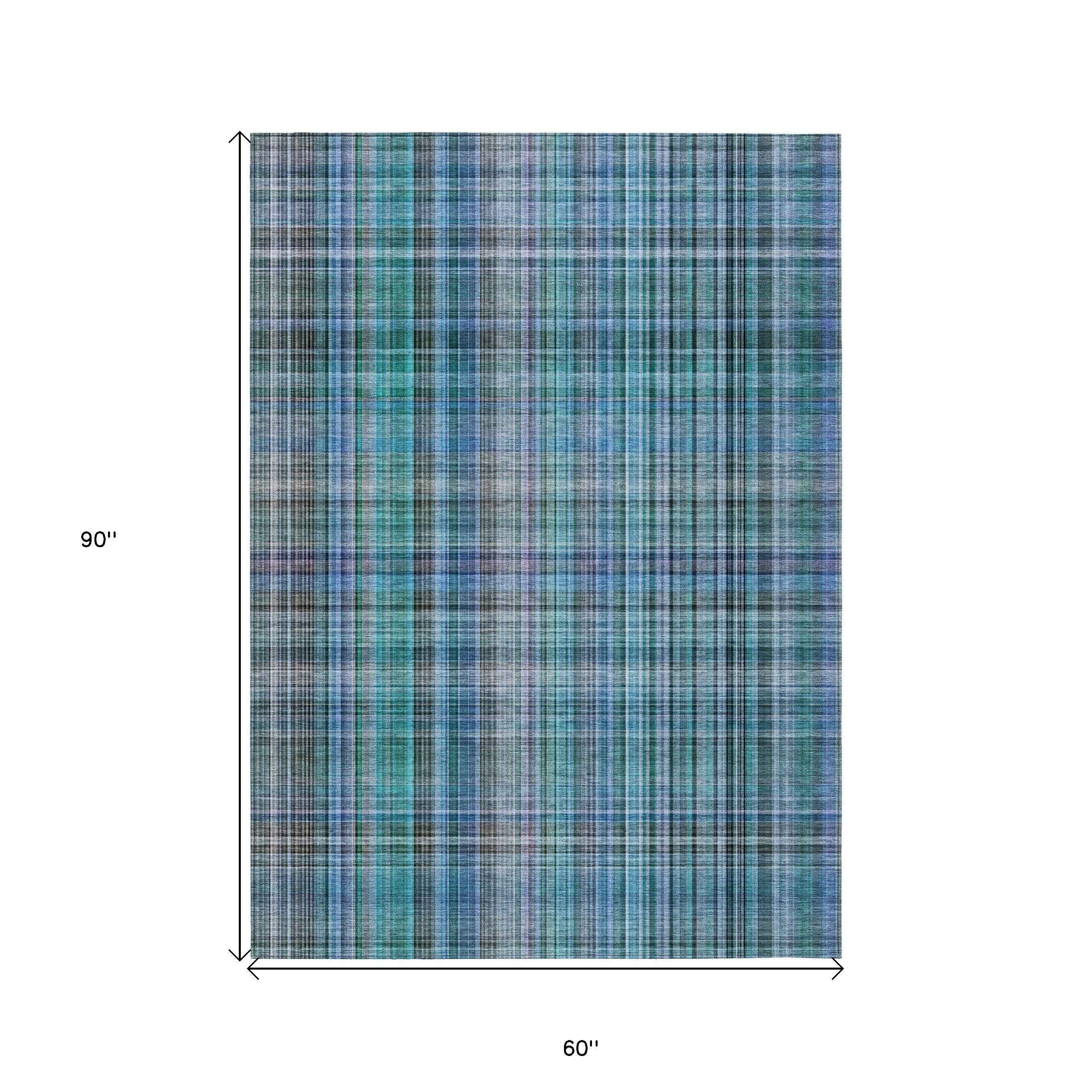 5' X 8' Blue Teal and Gray Plaid Washable Non Skid Indoor Outdoor Area Rug