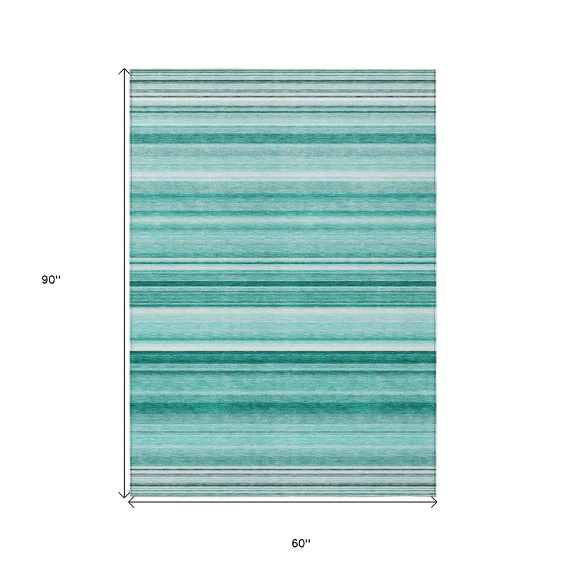 5' X 8' Aqua Striped Washable Indoor Outdoor Area Rug