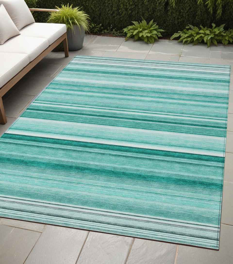 5' X 8' Aqua Striped Washable Indoor Outdoor Area Rug