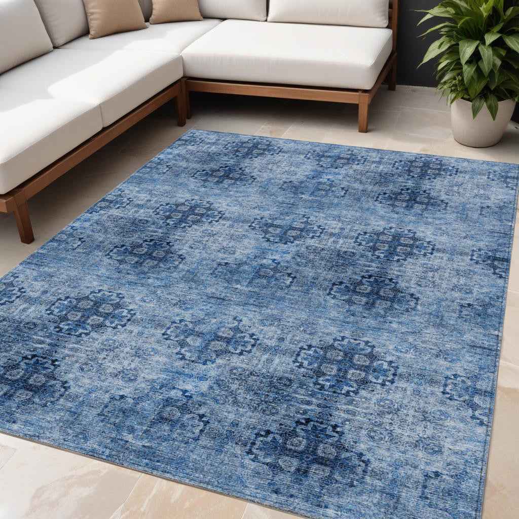 5' X 8' Navy Blue Floral Medallion Washable Non Skid Indoor Outdoor Area Rug