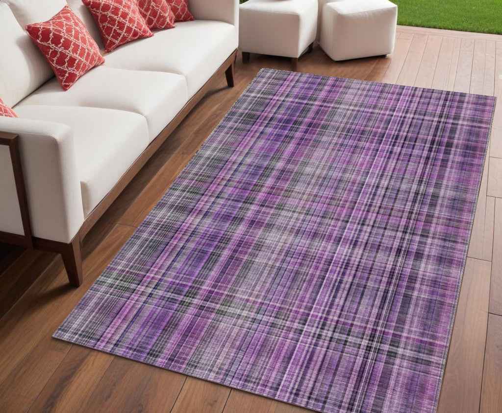 5' X 8' Purple and Gray Plaid Washable Non Skid Indoor Outdoor Area Rug