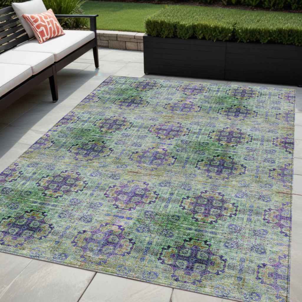 5' X 8' Purple and Green Floral Medallion Washable Non Skid Indoor Outdoor Area Rug