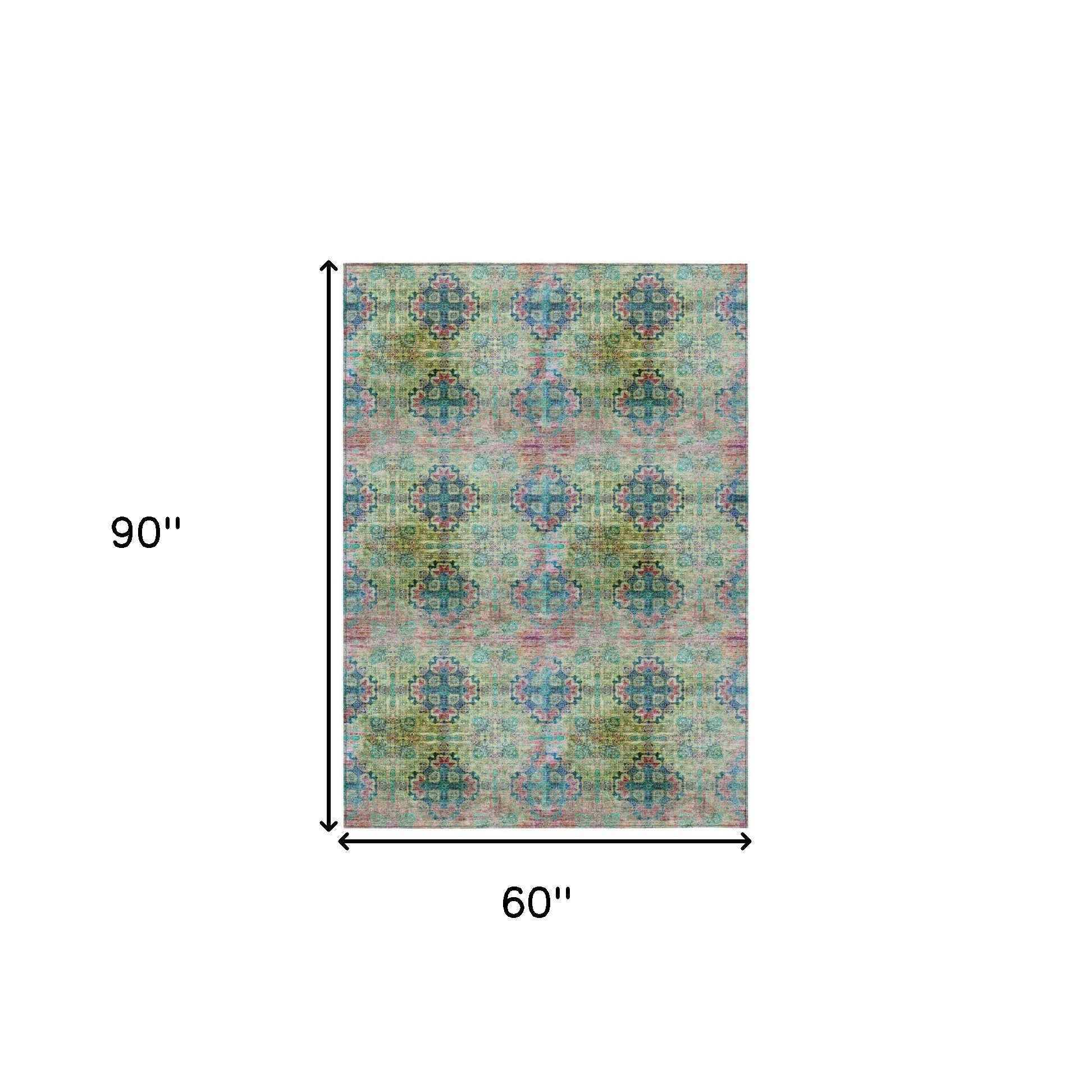 5' X 8' Blue and Green Floral Medallion Washable Non Skid Indoor Outdoor Area Rug