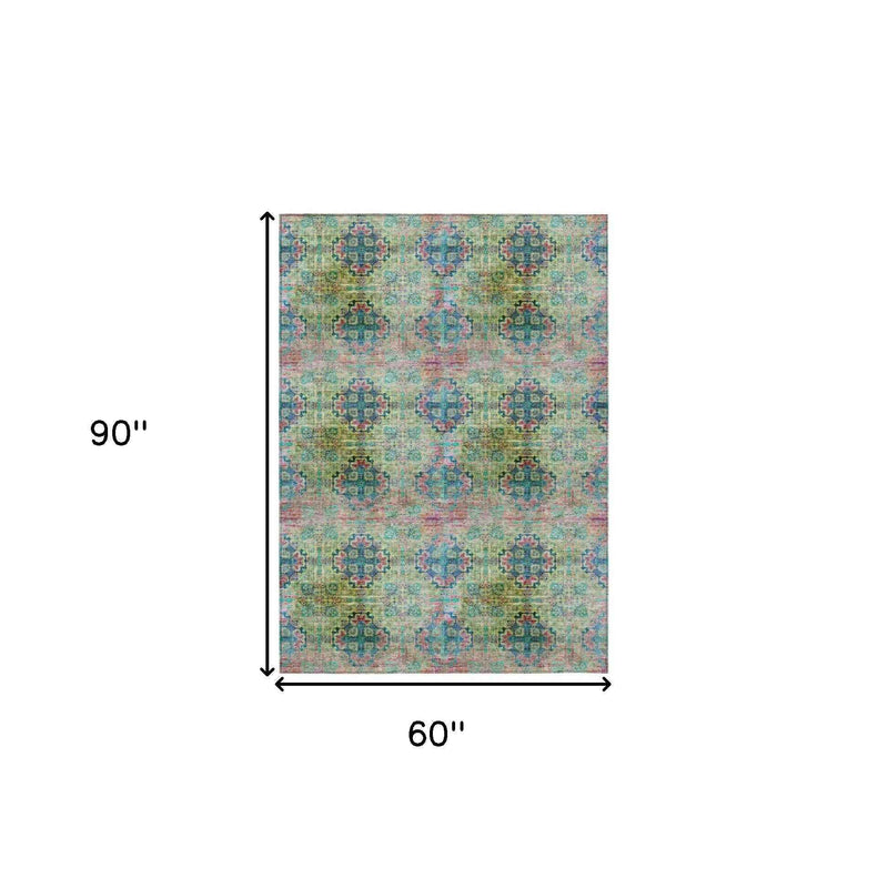 5' X 8' Blue and Green Floral Medallion Washable Non Skid Indoor Outdoor Area Rug