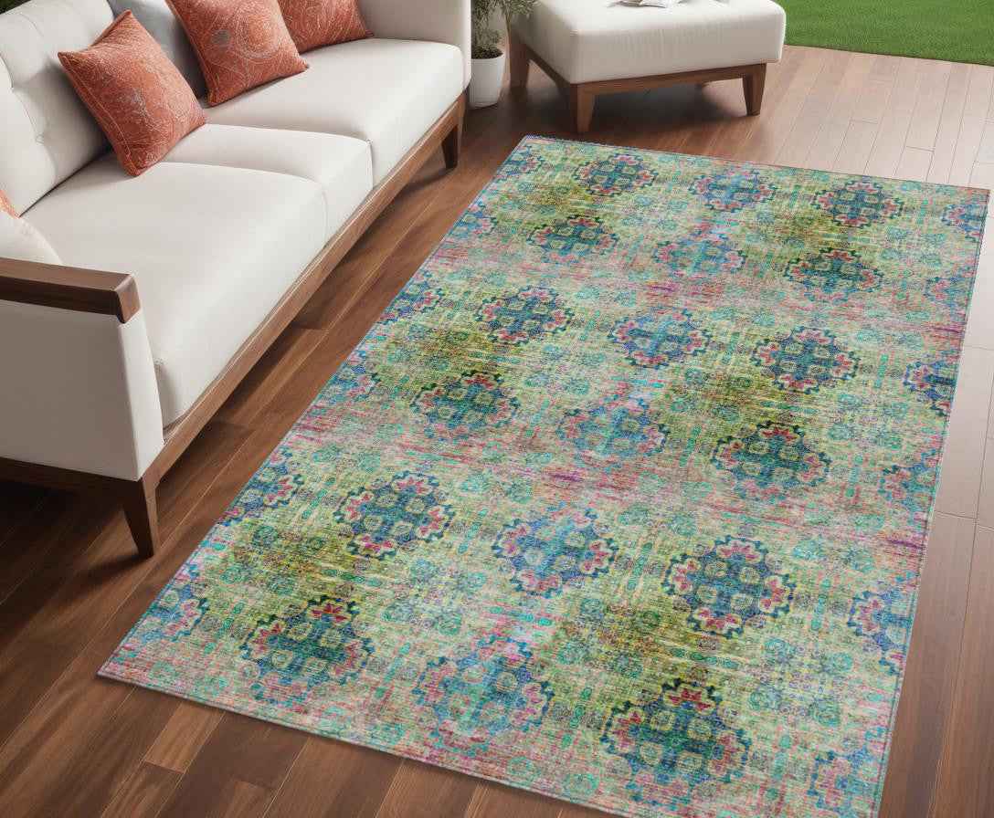 5' X 8' Blue and Green Floral Medallion Washable Non Skid Indoor Outdoor Area Rug