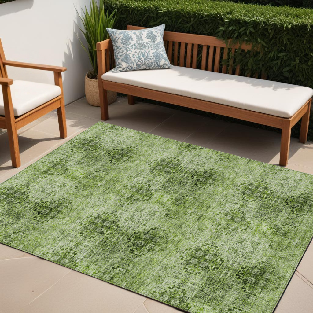 5' X 8' Olive Green Floral Medallion Washable Non Skid Indoor Outdoor Area Rug