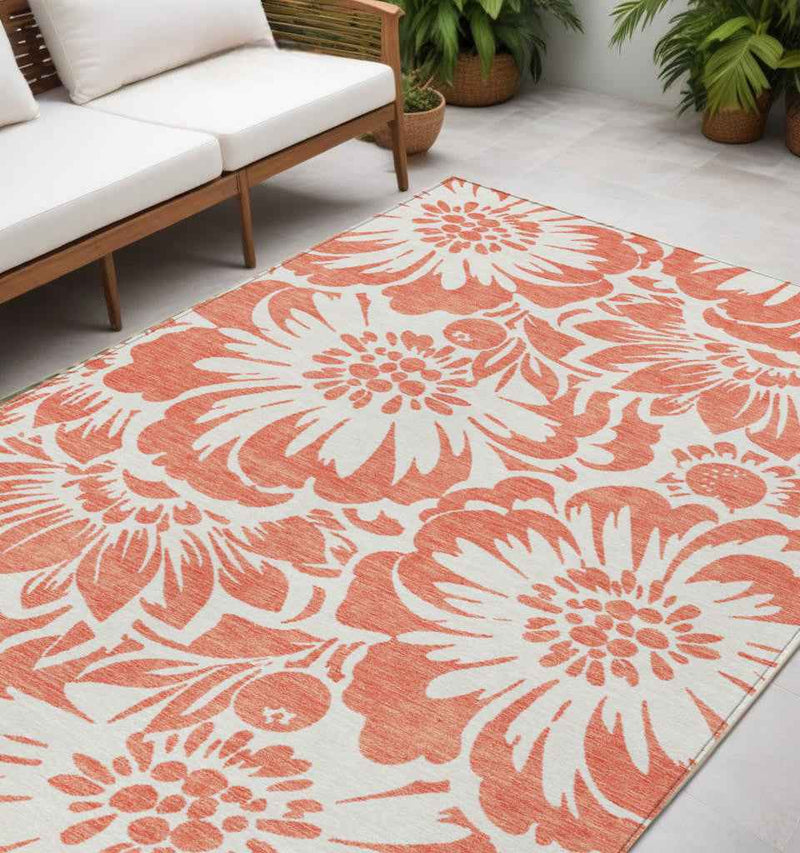 5' X 8' Salmon and Ivory Floral Washable Non Skid Indoor Outdoor Area Rug