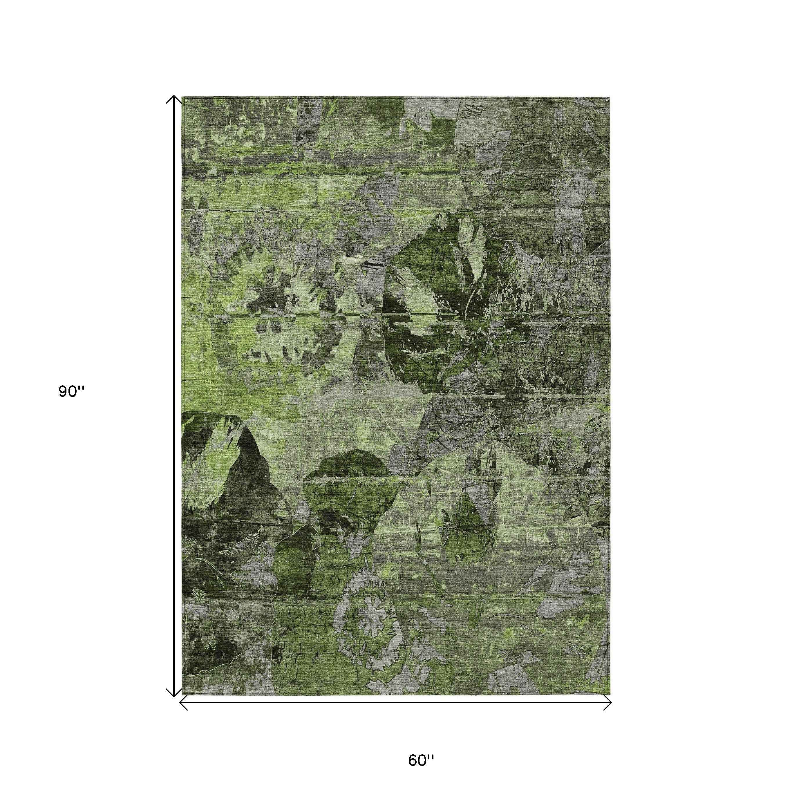 5' X 8' Green and Gray Abstract Washable Indoor Outdoor Area Rug