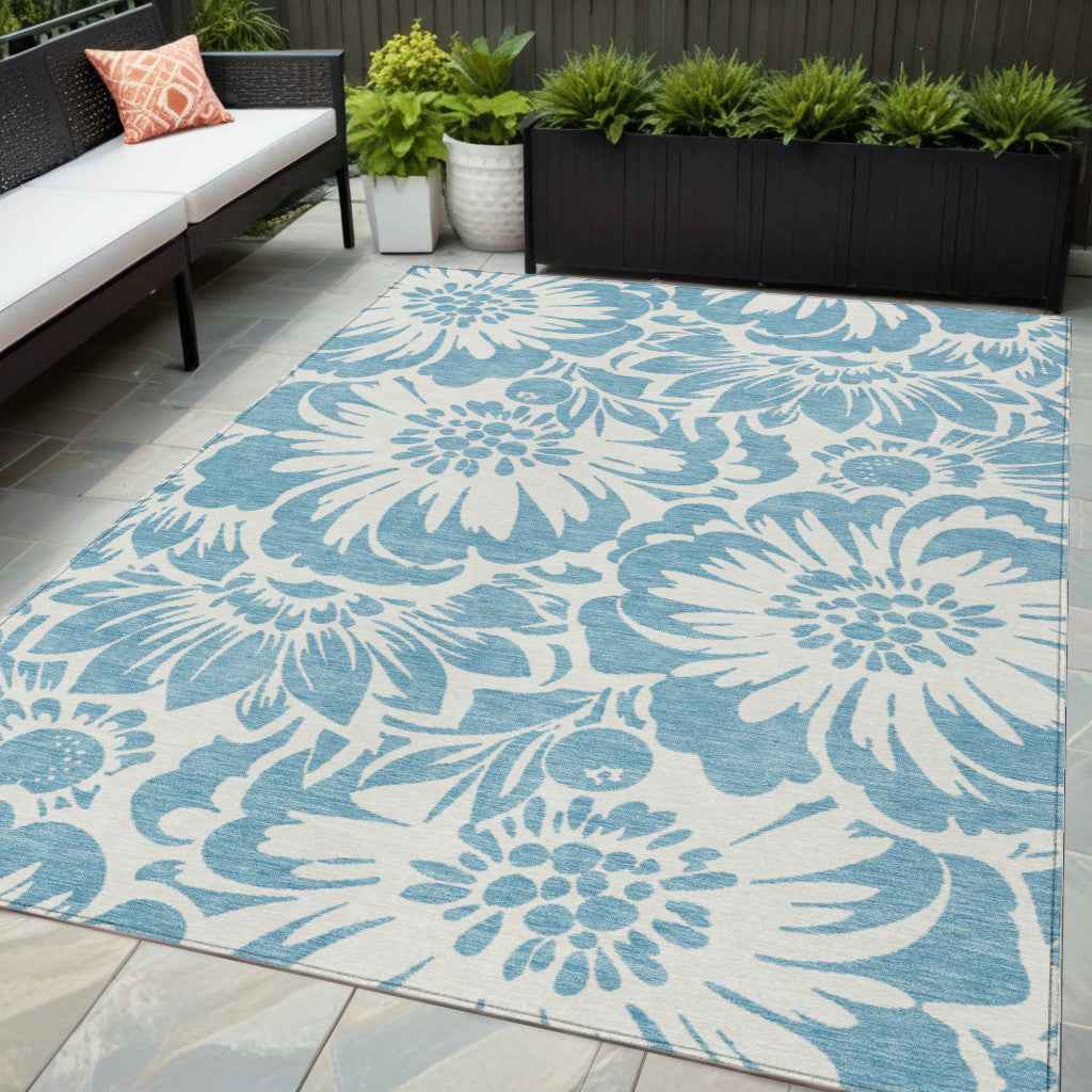 5' X 8' Denim and Ivory Floral Washable Non Skid Indoor Outdoor Area Rug