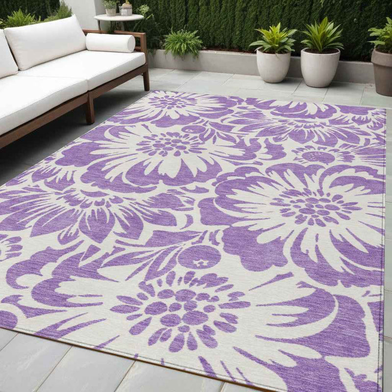 5' X 8' Purple and Ivory Floral Washable Non Skid Indoor Outdoor Area Rug