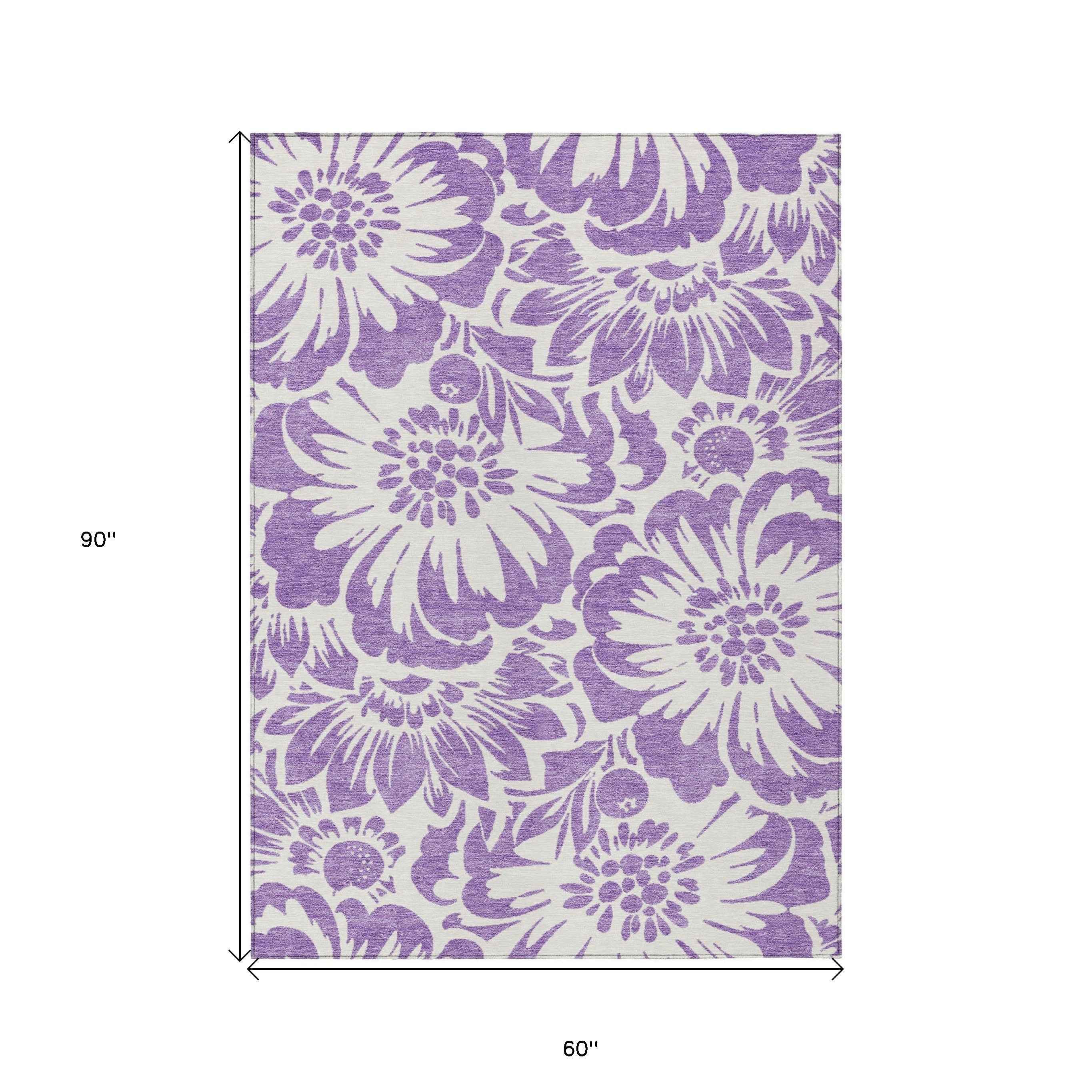 5' X 8' Purple and Ivory Floral Washable Non Skid Indoor Outdoor Area Rug