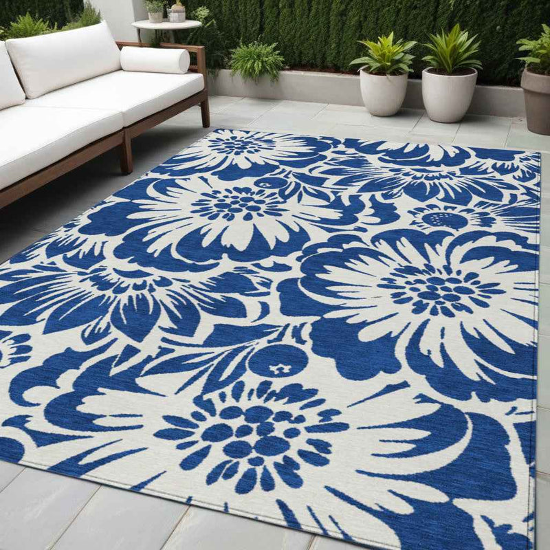5' X 8' Navy and Ivory Floral Washable Non Skid Indoor Outdoor Area Rug