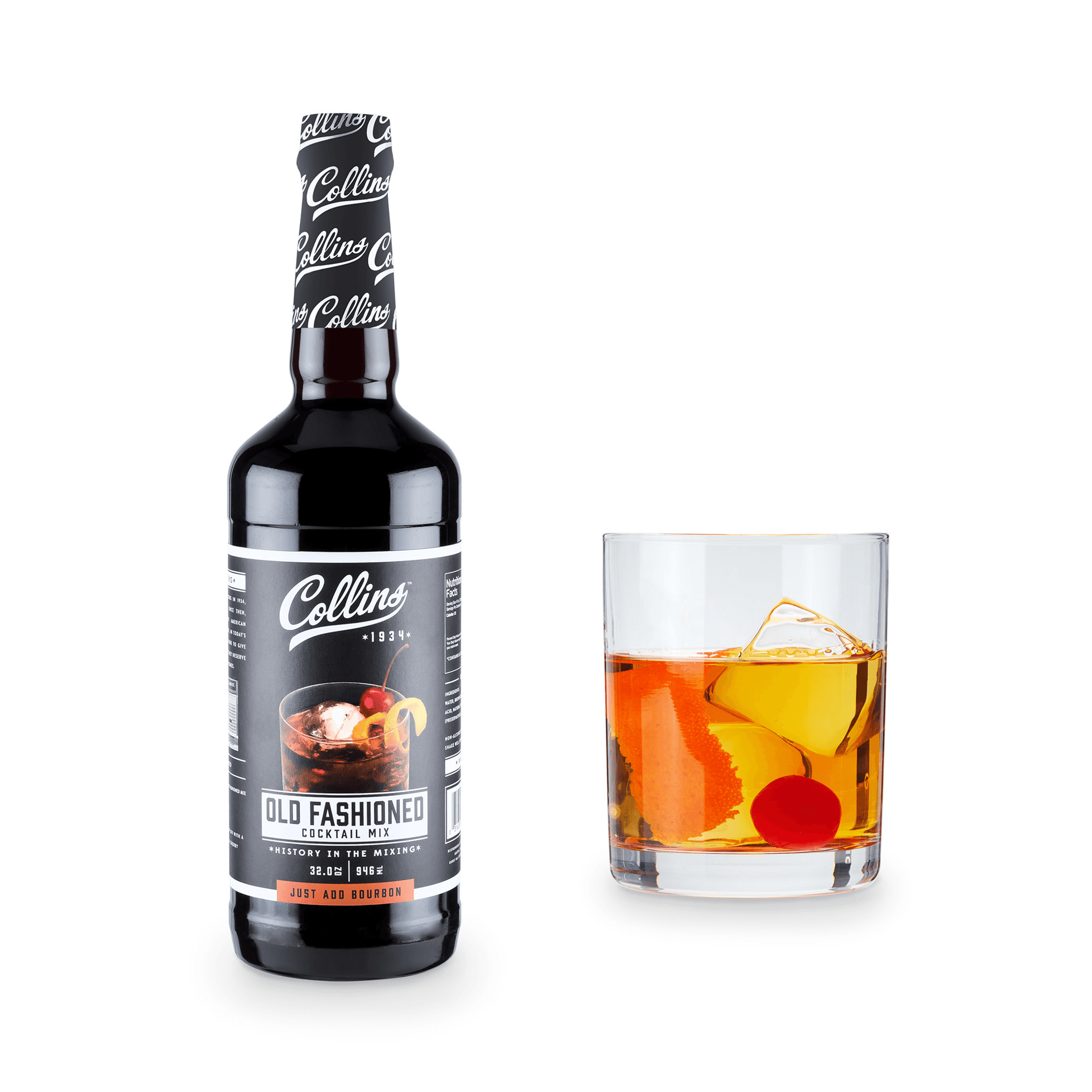 Collins 32 oz Old Fashioned cocktail mix bottle with label, shown with a drink in a glass