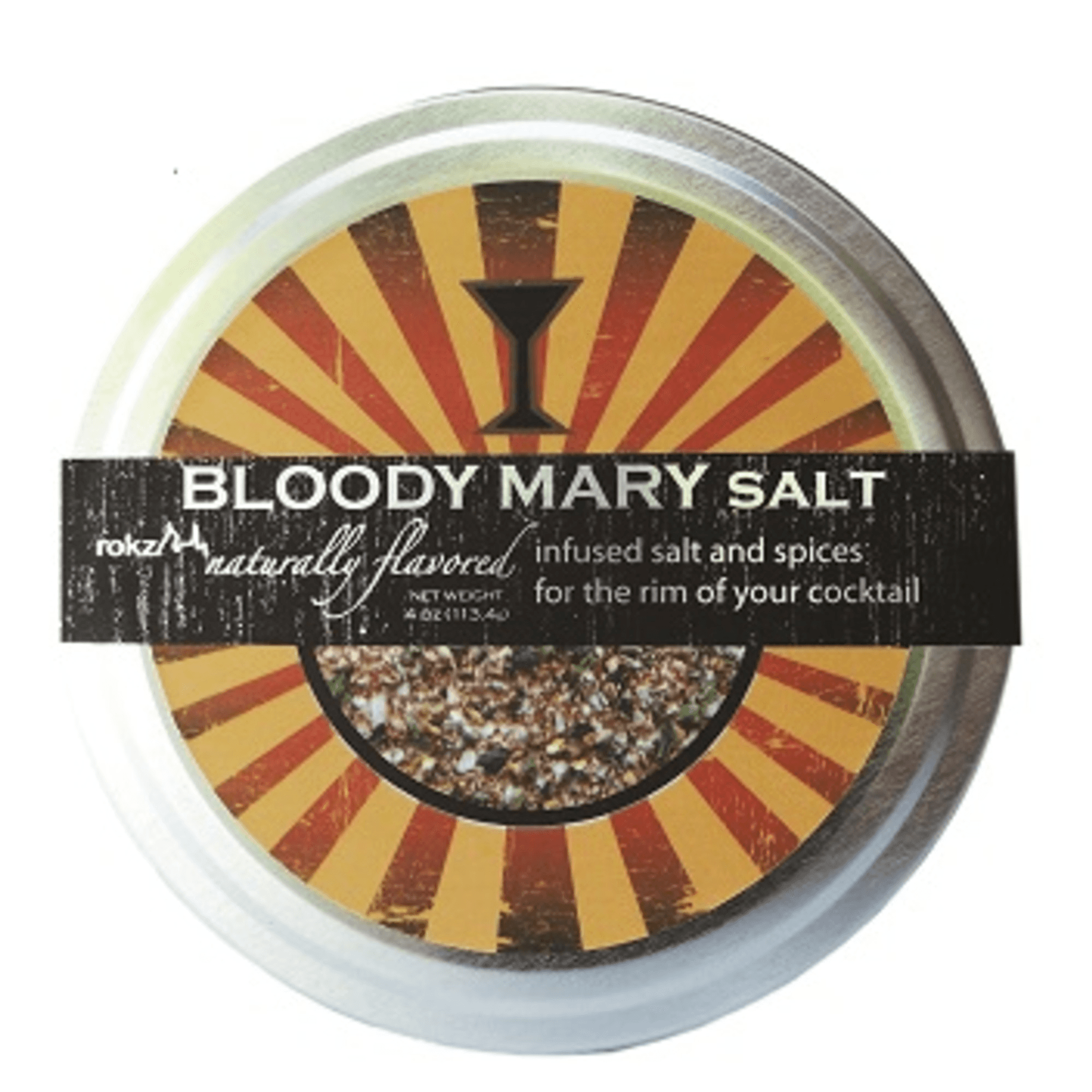 Bloody Mary salt in round tub with black label and orange-red burst design