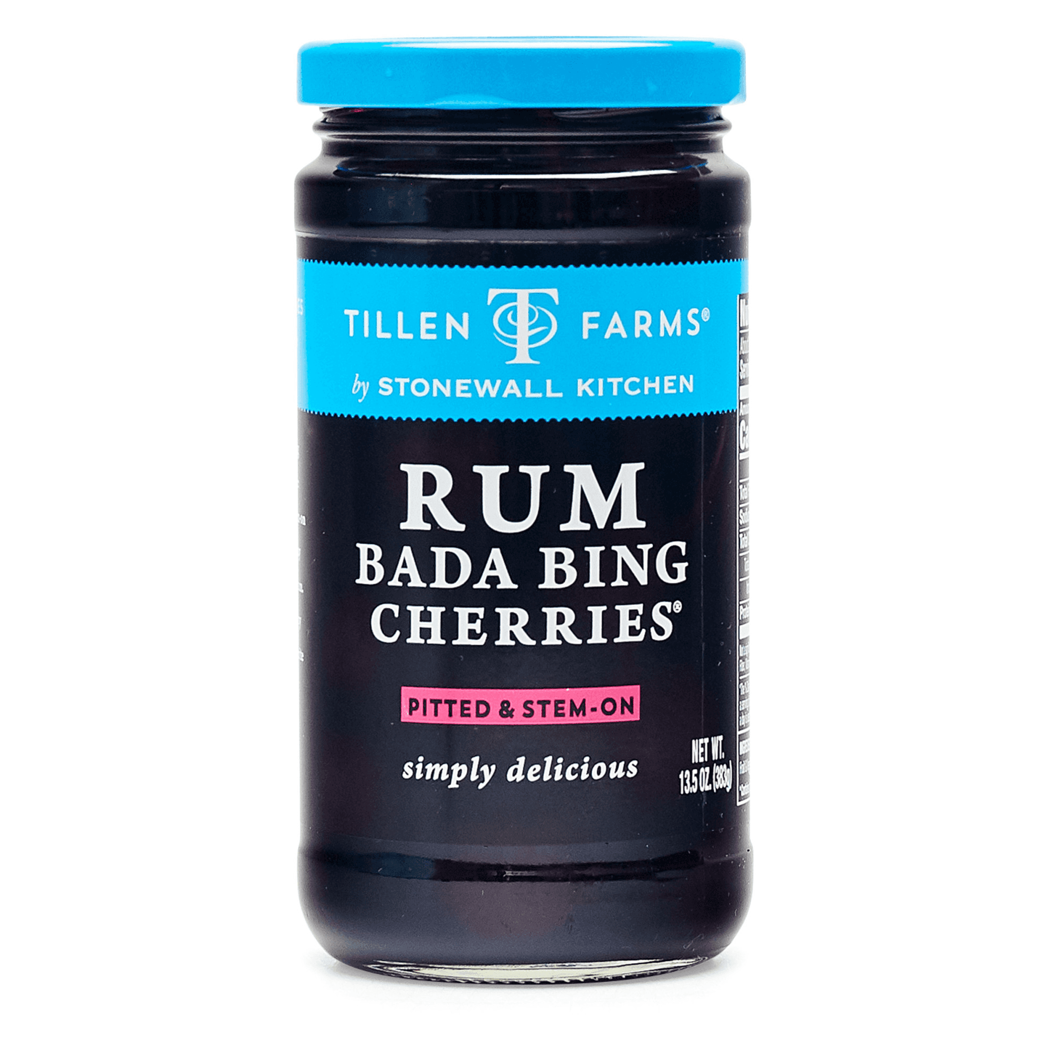 Tillen Farms Rum Bada Bing Cherries glass jar with blue cap and label