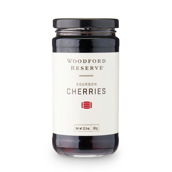Woodford Reserve Bourbon Cherries glass jar with black lid and label
