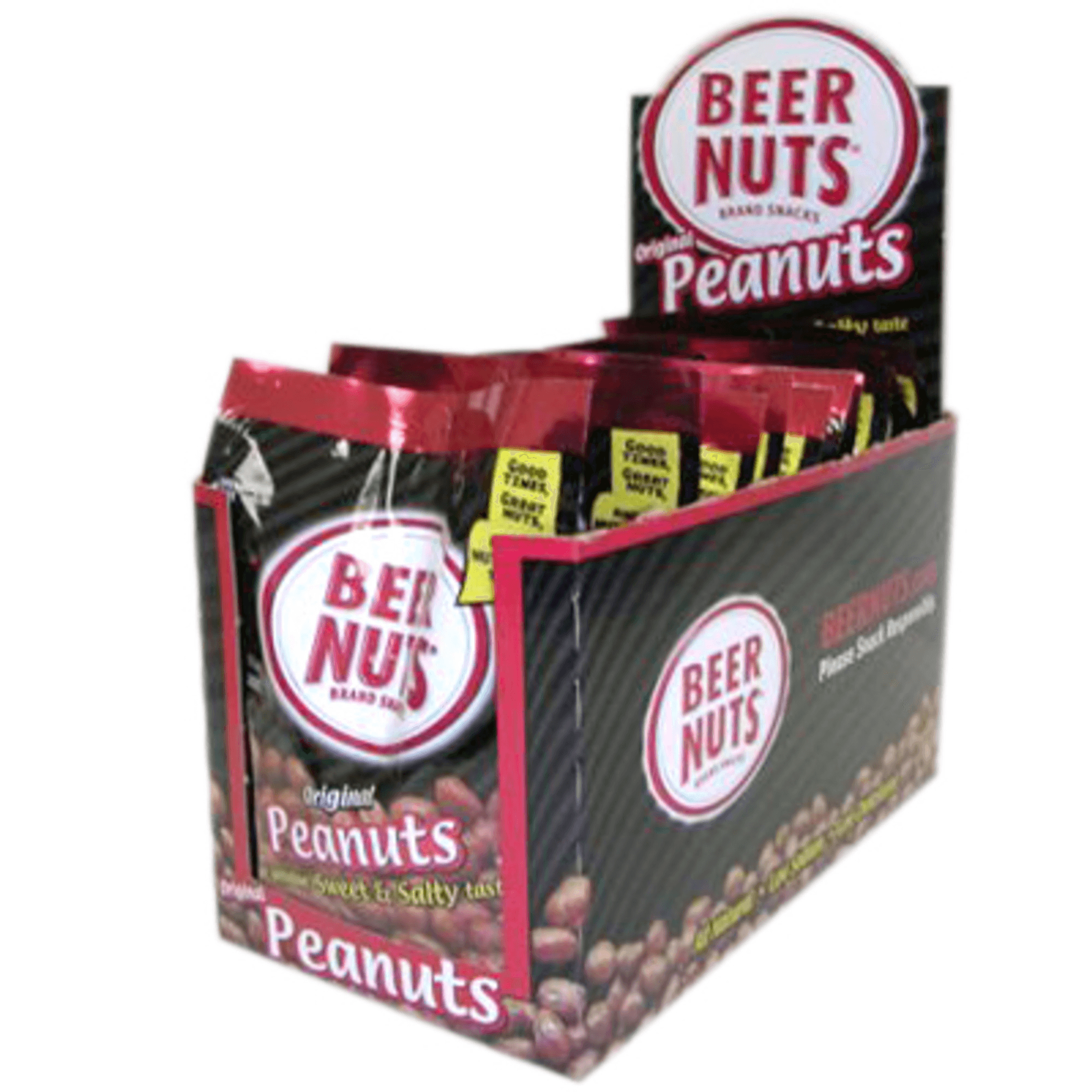 Beer Nuts peanuts counter display box with front logo and stacked mini snack packs