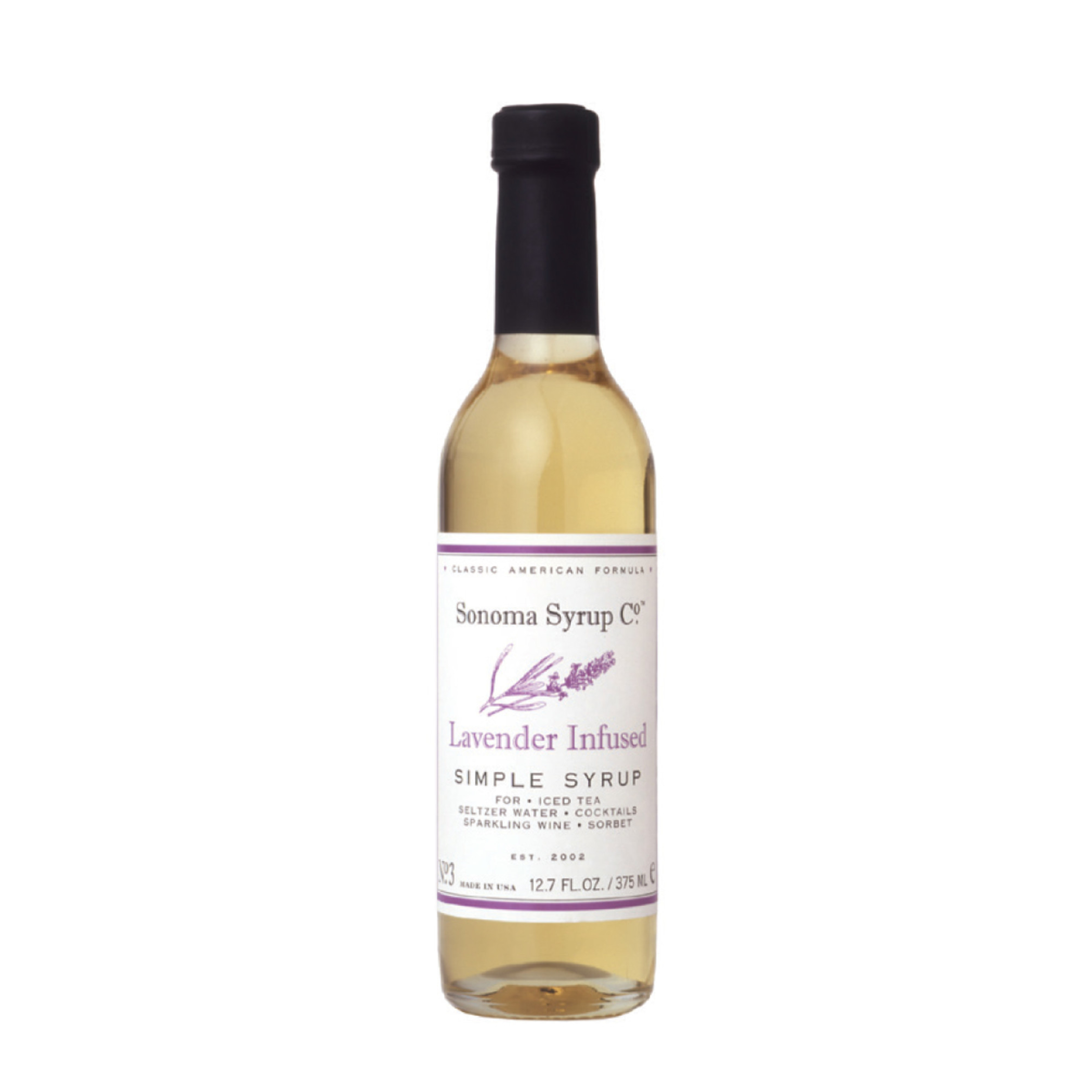 Lavender-infused syrup bottle with black cap and amber liquid