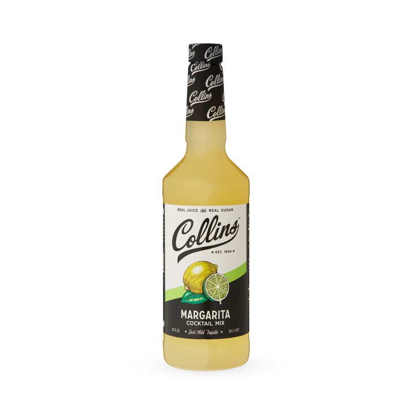 32 oz margarita cocktail mix bottle with black “Collins” label and lime graphic