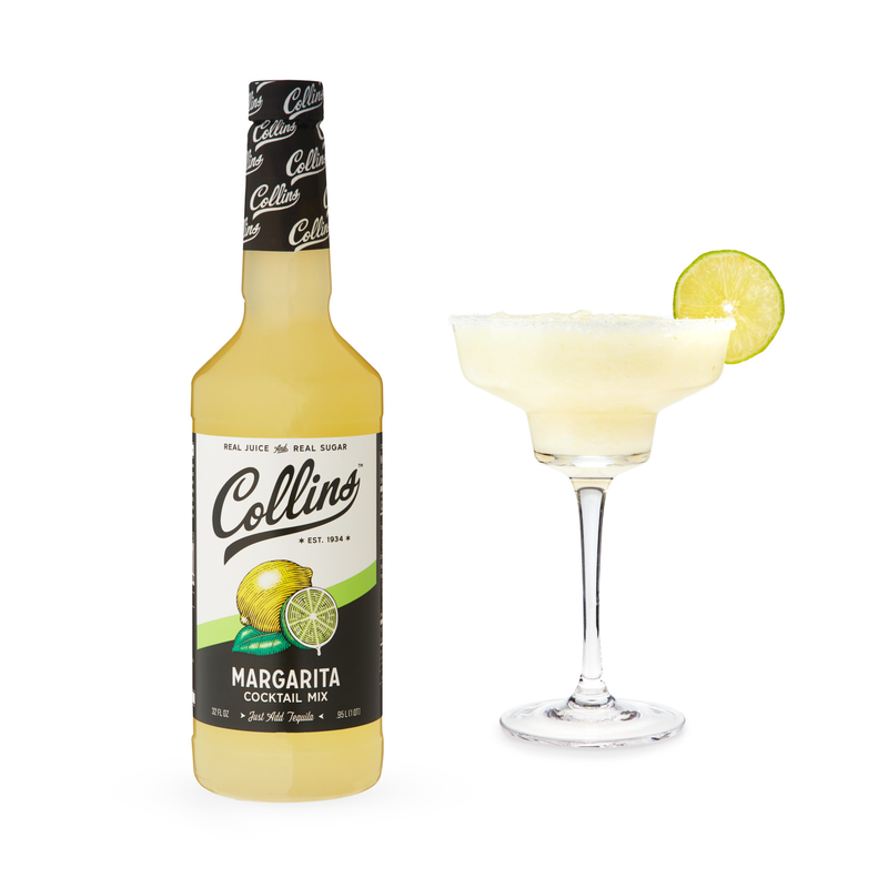 32 oz margarita cocktail mix bottle with margarita glass and lime wedge