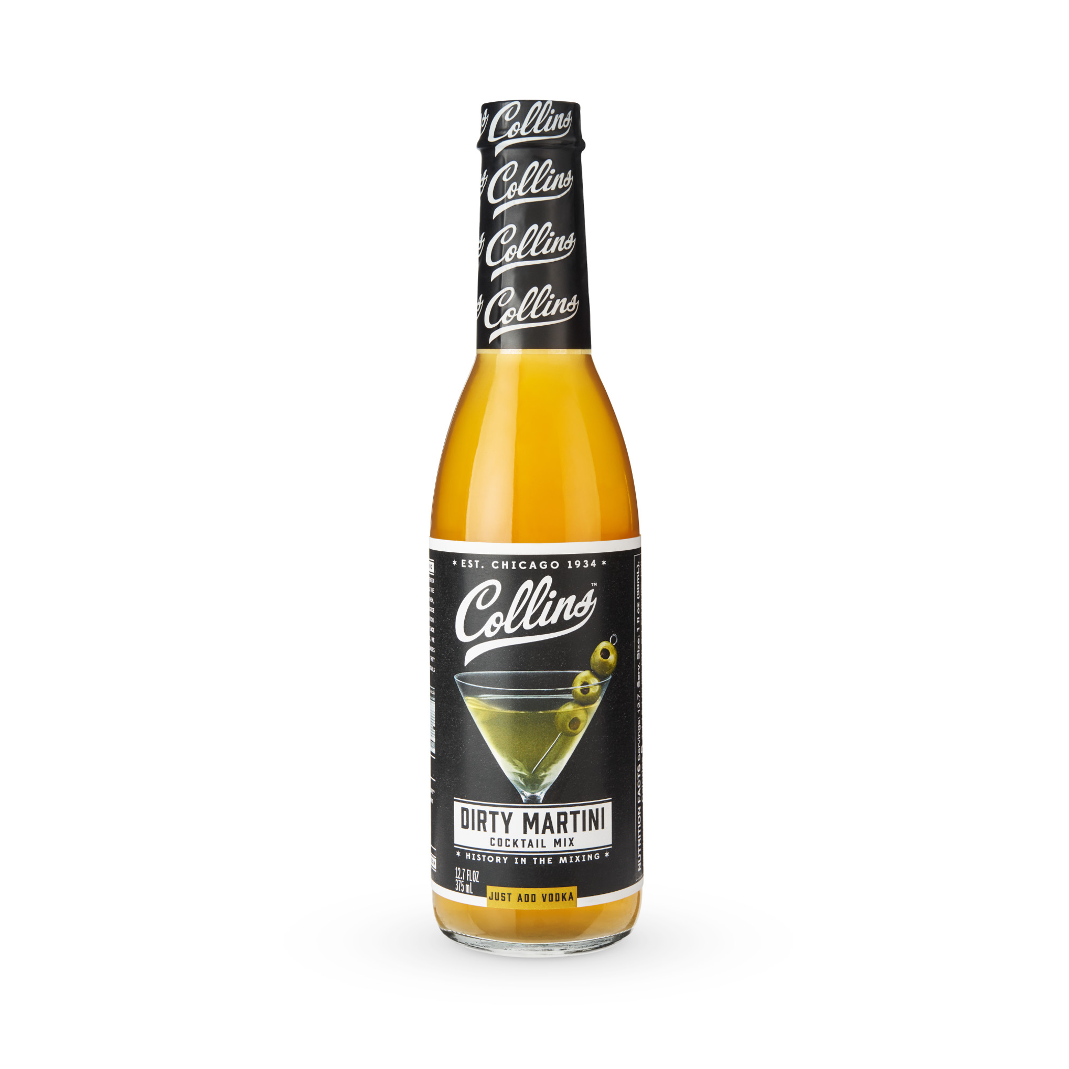Collins Dirty Martini cocktail mix bottle, yellow bottle liquid, black label