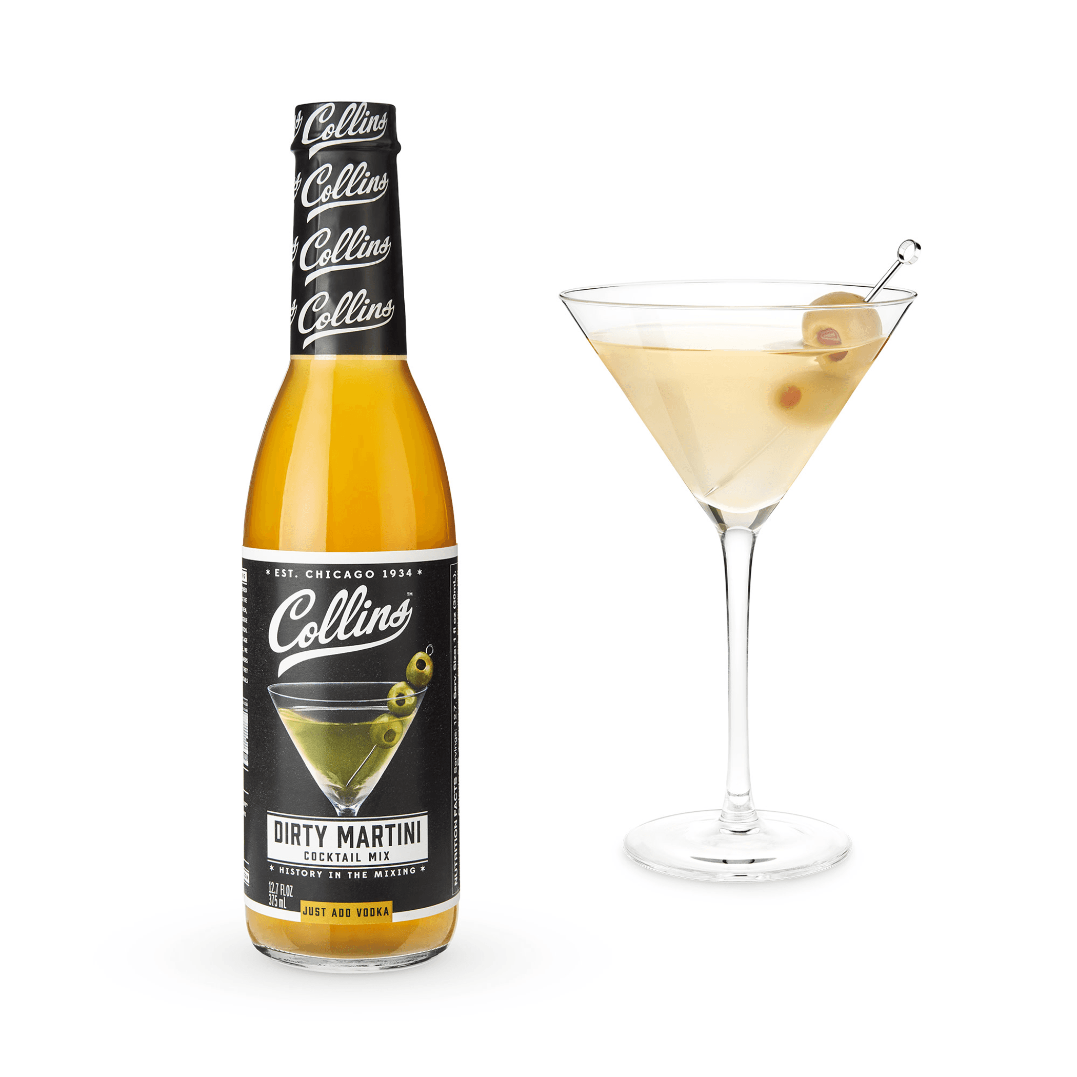 Collins Dirty Martini cocktail mix bottle with martini glass of pale yellow drink