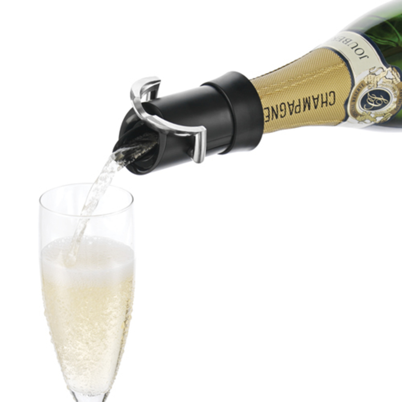 Black champagne saver stopper with clamp, positioned on a bottle neck