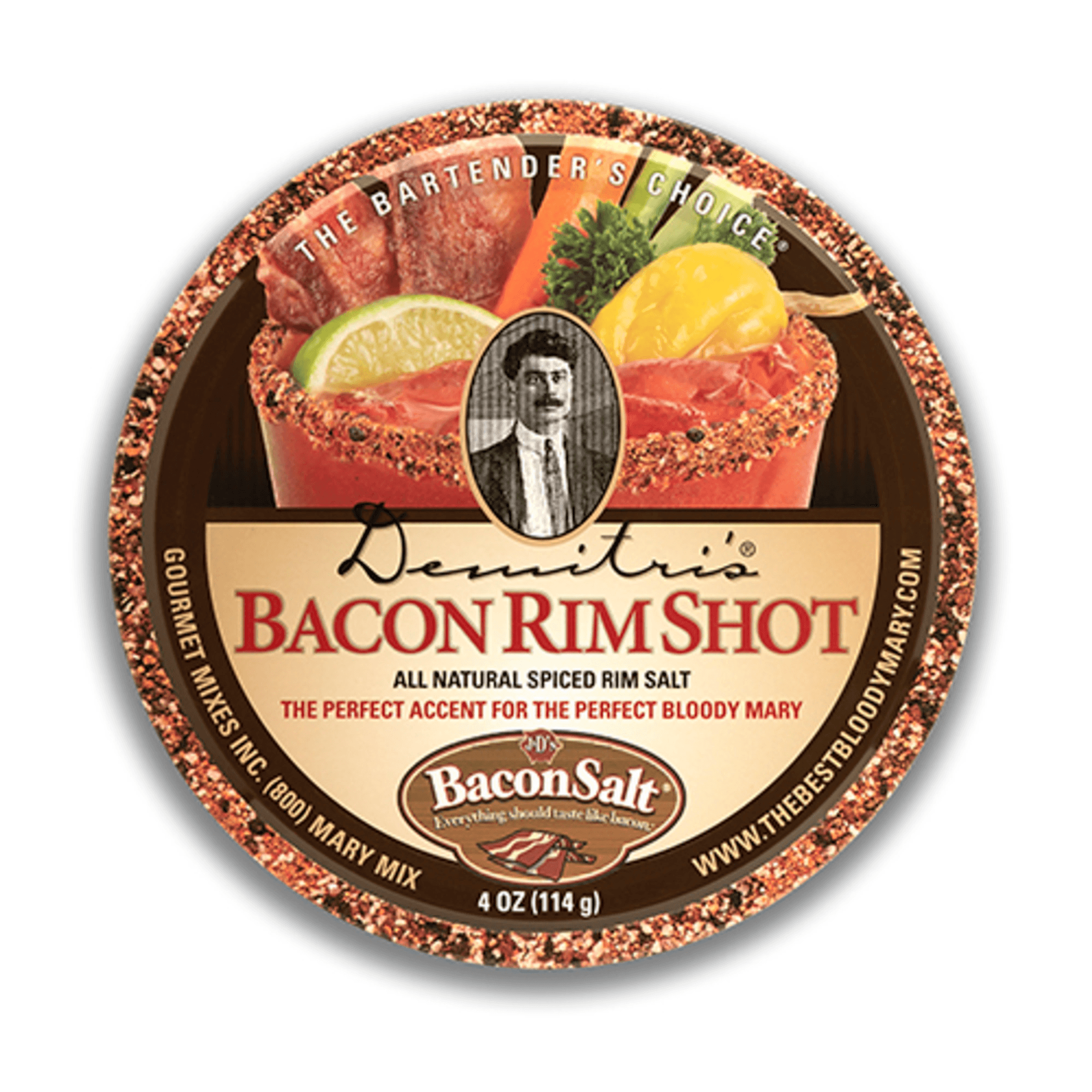 Bacon Rimshot Bloody Mary rim salt mix round label with lemon and bacon graphics