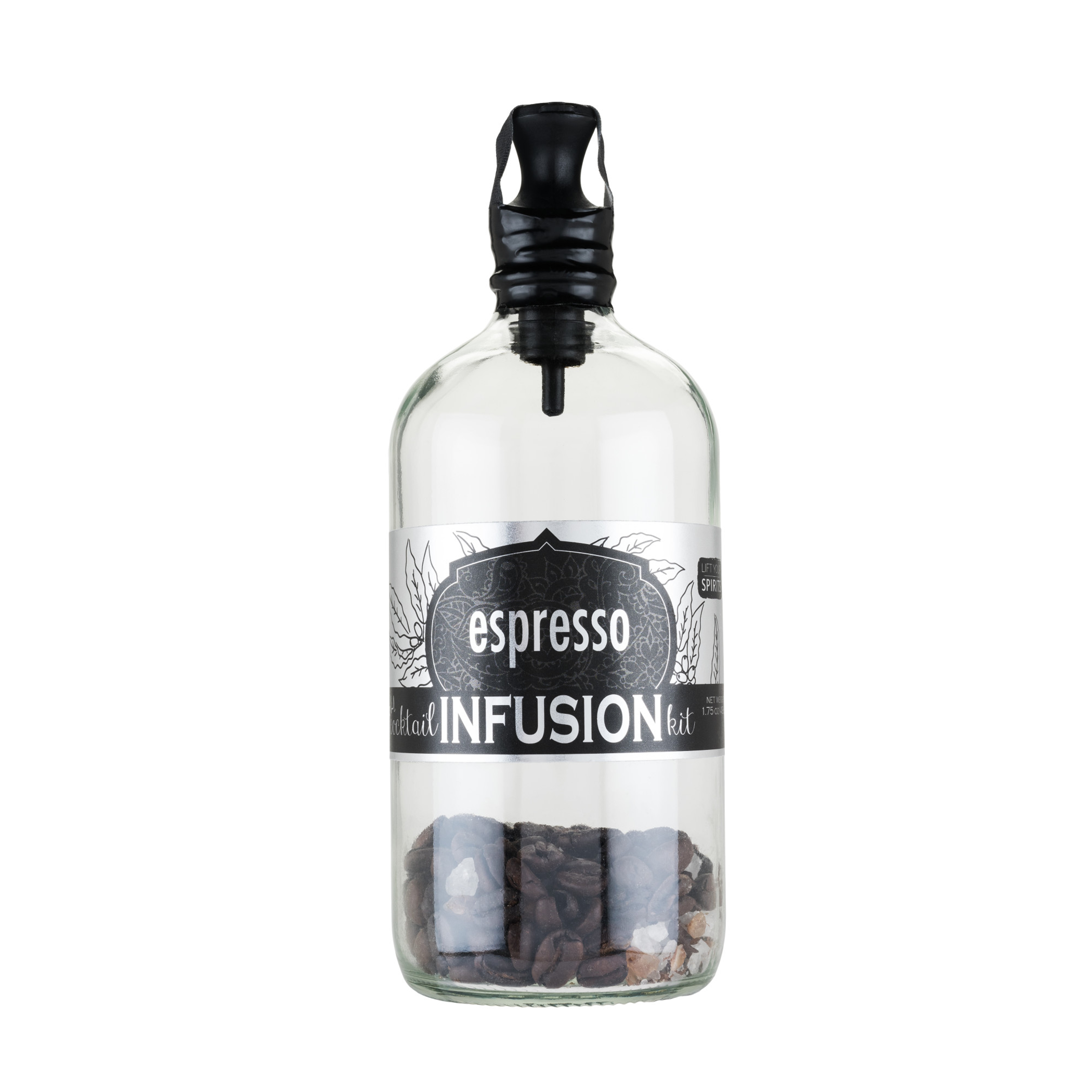 Espresso infusion bottle with black pump top and front label; glass holds coffee beans