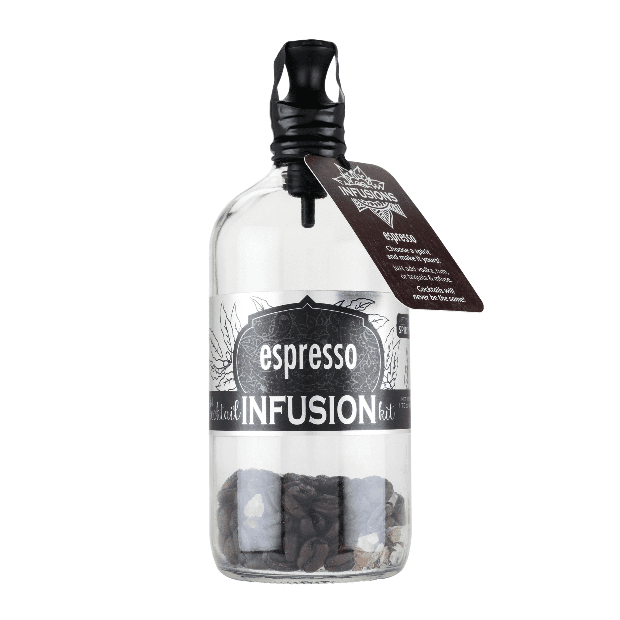 Espresso infusion bottle with black pump top and swing tag; glass filled with coffee beans