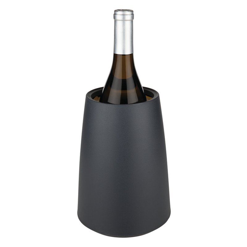 Black wine cooler holding a bottle, insulated tapered cup