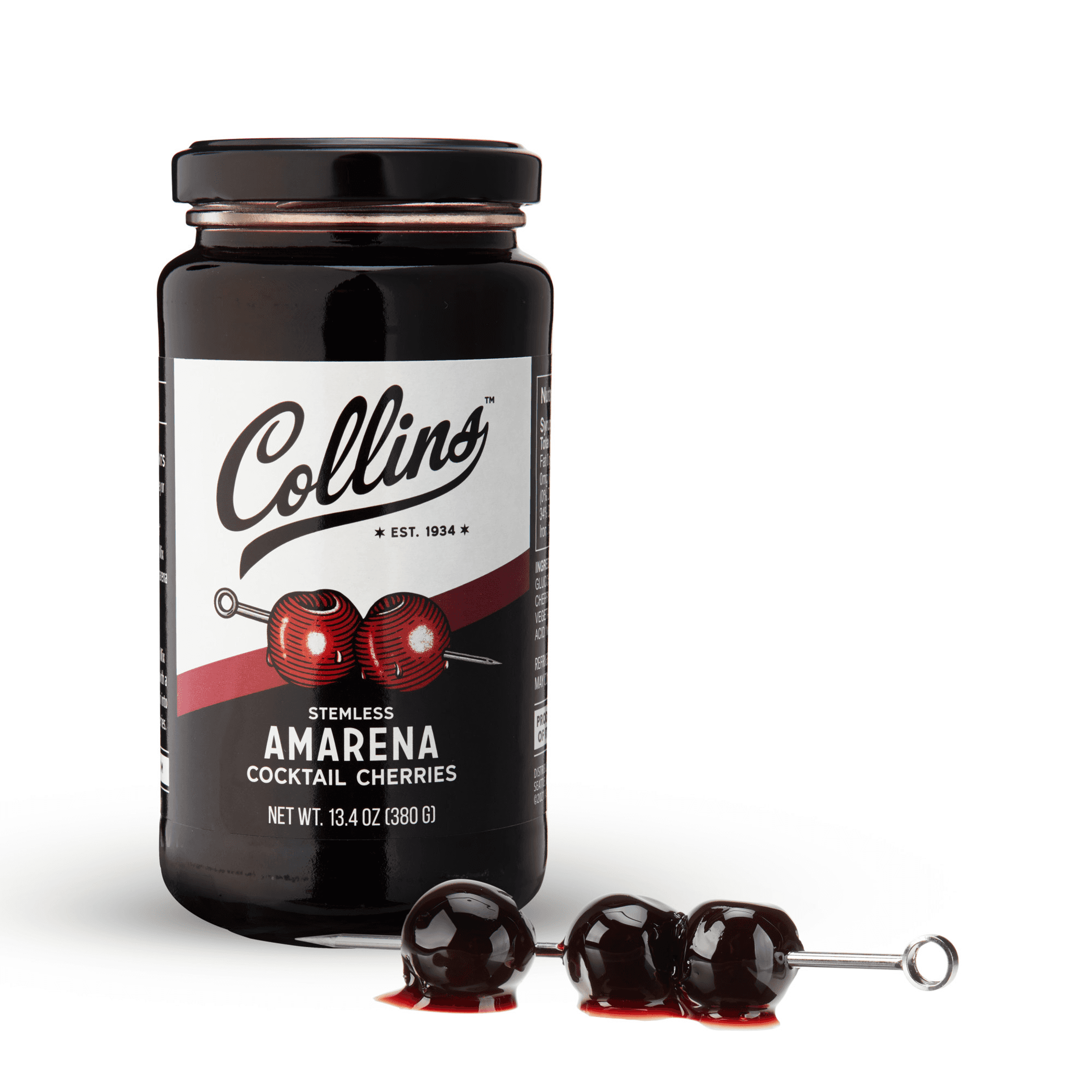 13.5 oz Amarena cherries by Collins: black glass jar with label and cherry pieces