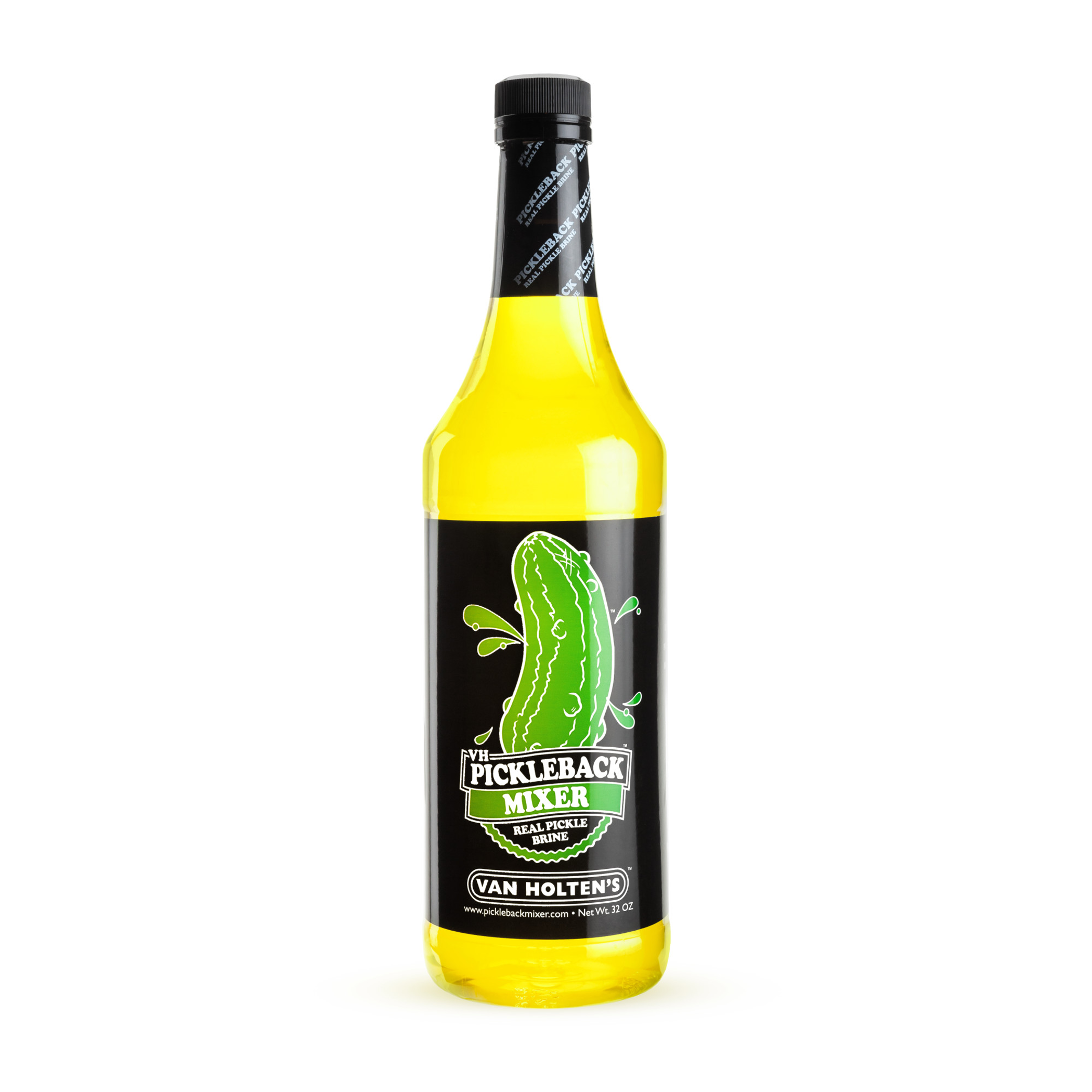 32 oz yellow pickleback mixer bottle with black label and green pickle graphic