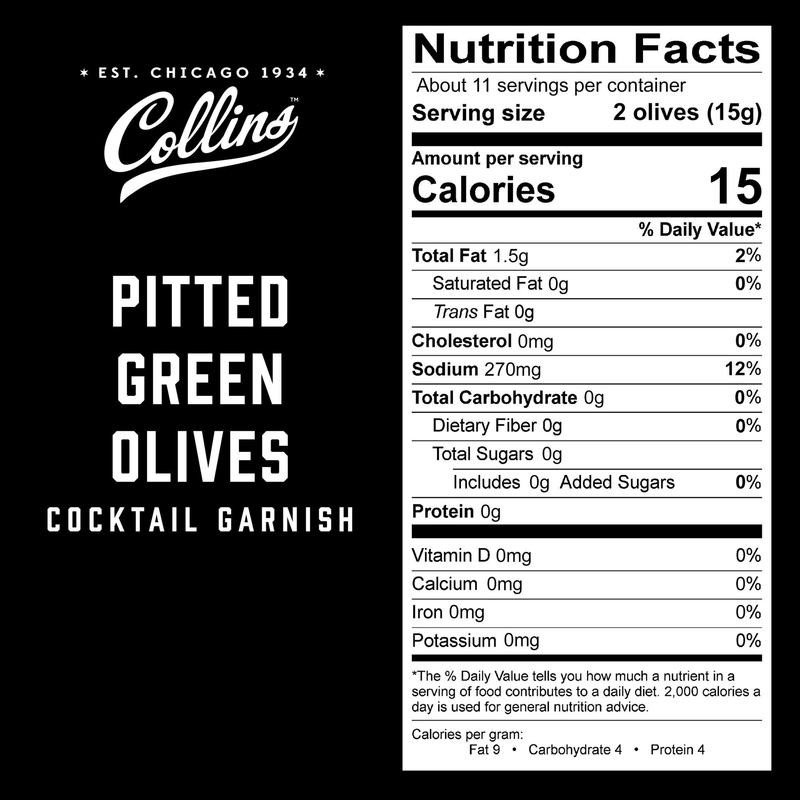 Collins pitted green olives label with Nutrition Facts panel