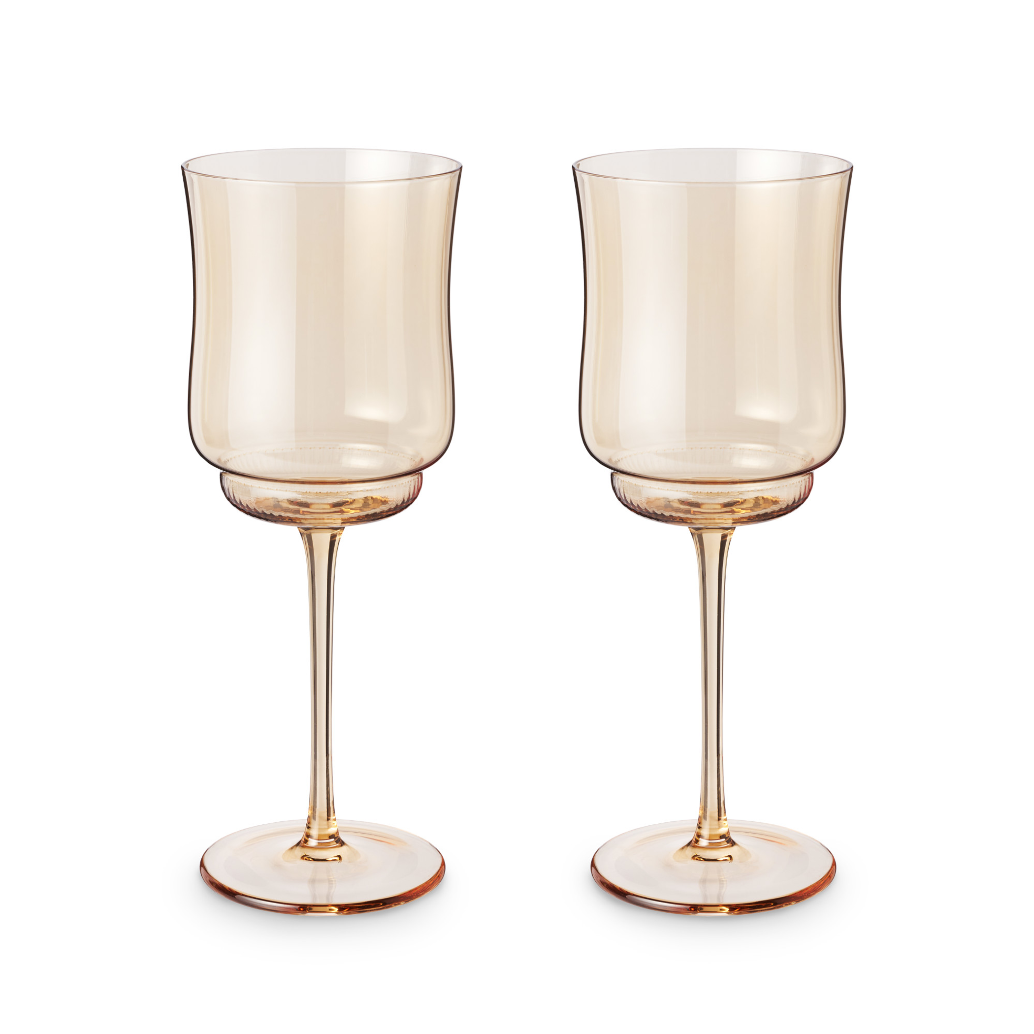 Amber tulip stem wine glasses with rounded bowls and pedestal bases, set of 2.