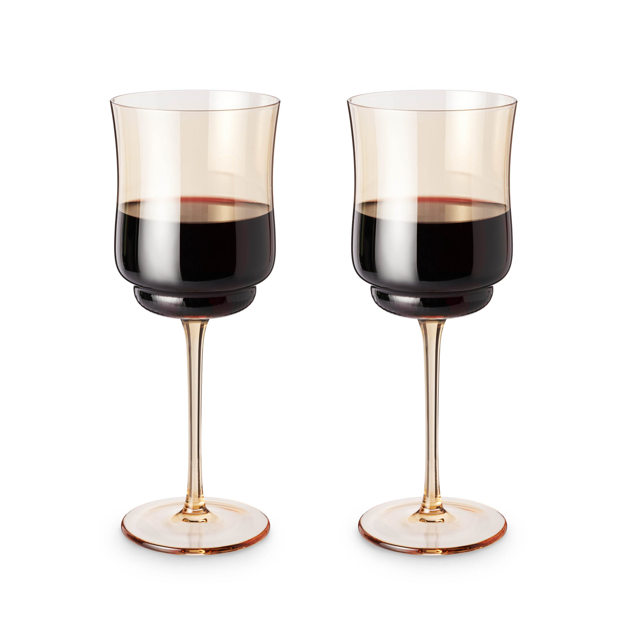 Amber tulip stem wine glasses holding dark red wine, set of 2.