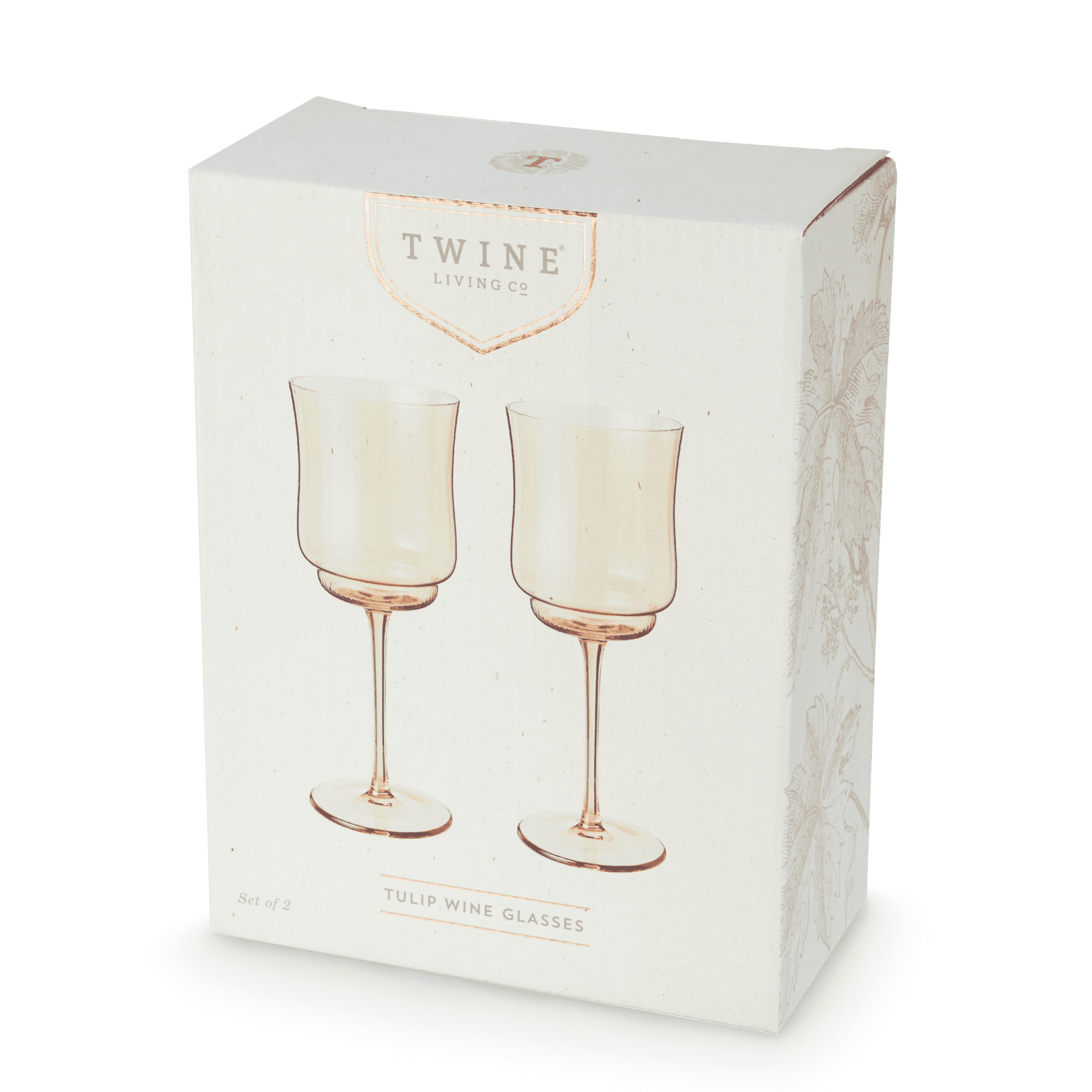 Twine Living tulip wine glasses gift box with two amber stemmed glasses.