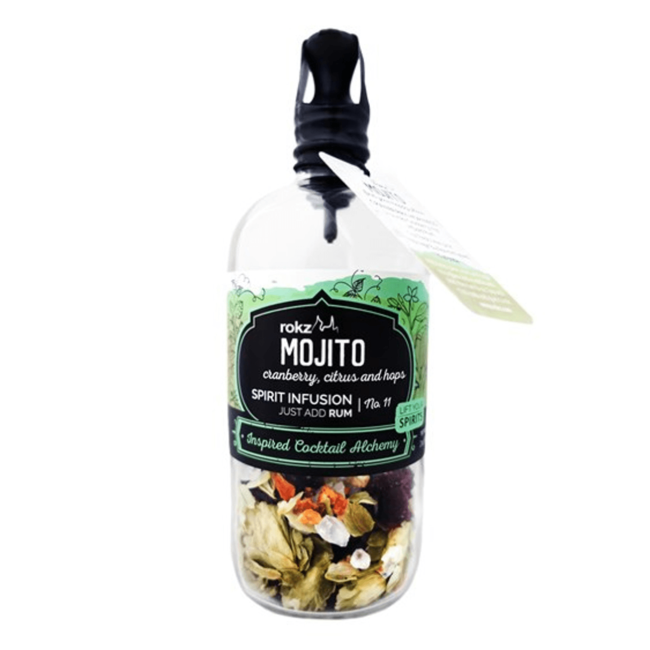 Clear glass infusion bottle with black cap, Mojito Rokz label and fruit ingredients.