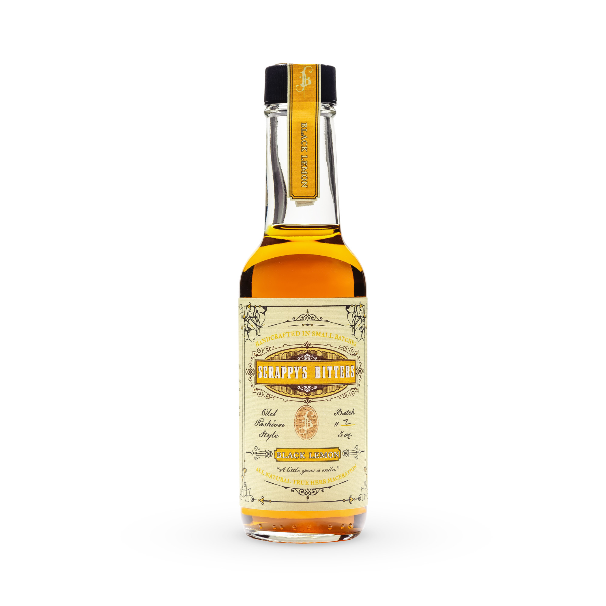 Scrappy's Bitters bottle with amber liquid, black and gold label, 5 oz