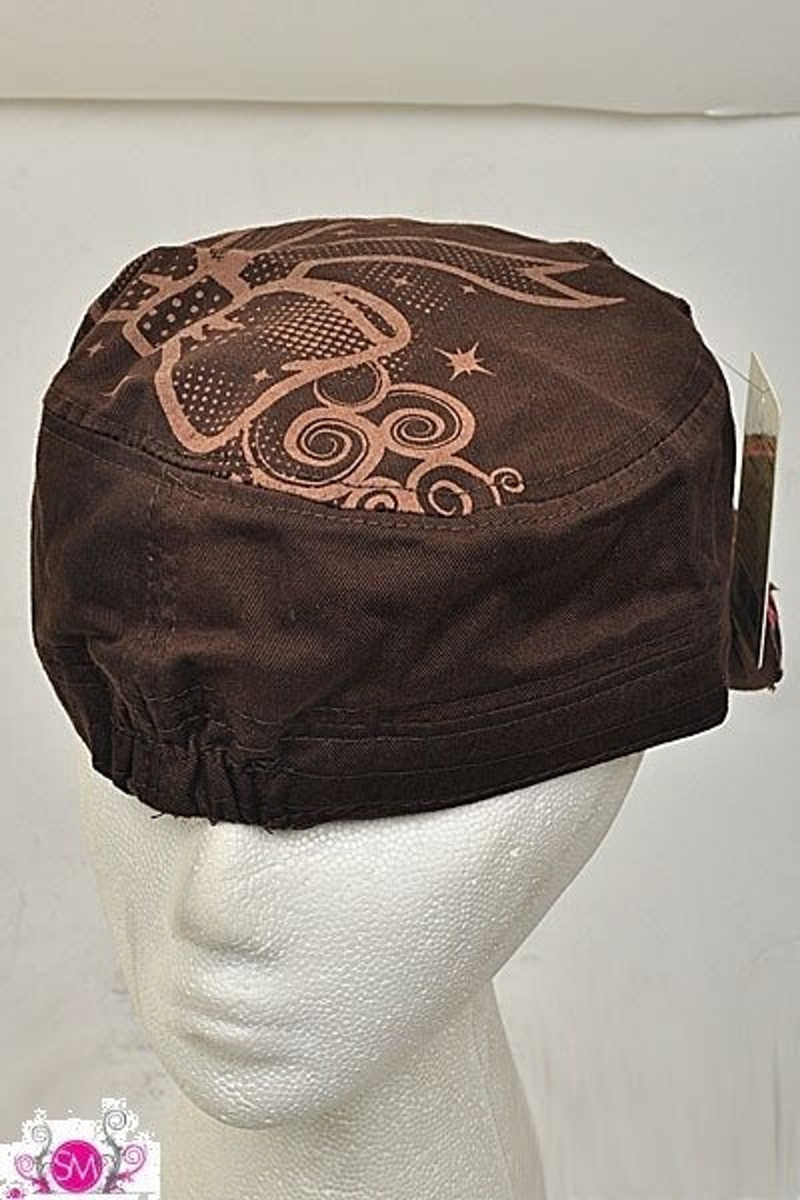 Brown fashion cap, back view with stitched decorative icon