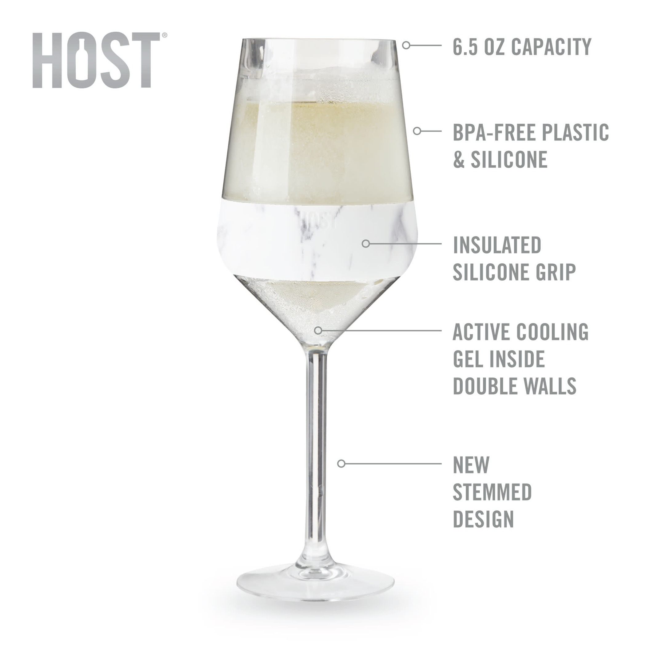 Stemmed wine cooling cups, white marble-style set of 2 with insulated double walls