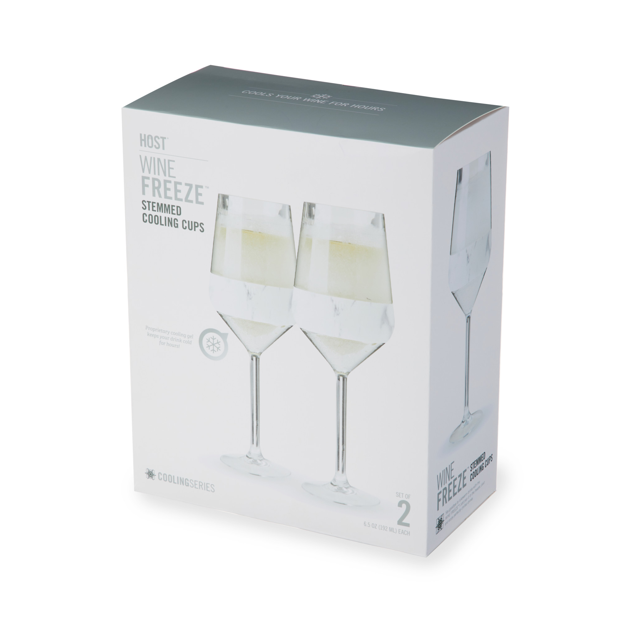 Wine freeze cooling cup set, two stemmed cups in white marble-style, retail box shown