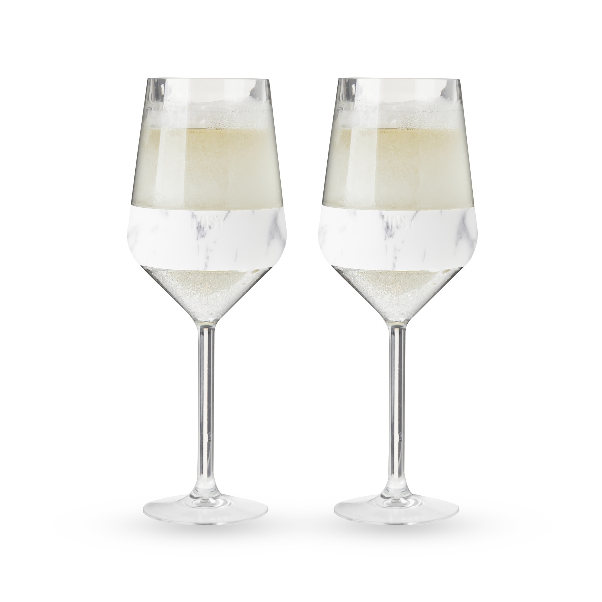Pair of stemmed wine cooling cups with white marble-style insert and frosted base